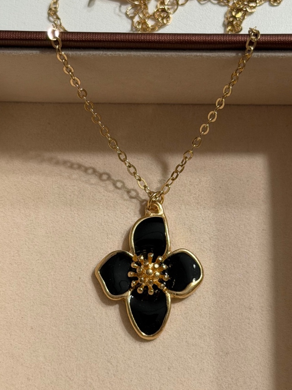 Golden Black Enamel 4-Petal Flower Pendant Necklace